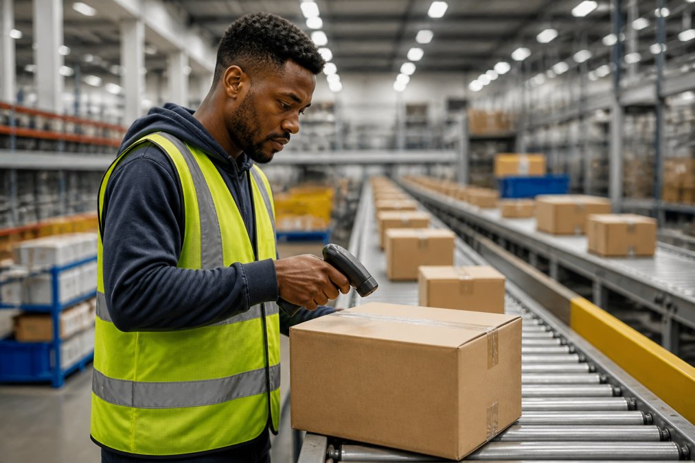 Warehouse worker scanning packages at fulfillment center with conveyor belts and sorting systems in background, under bright overhead lighting