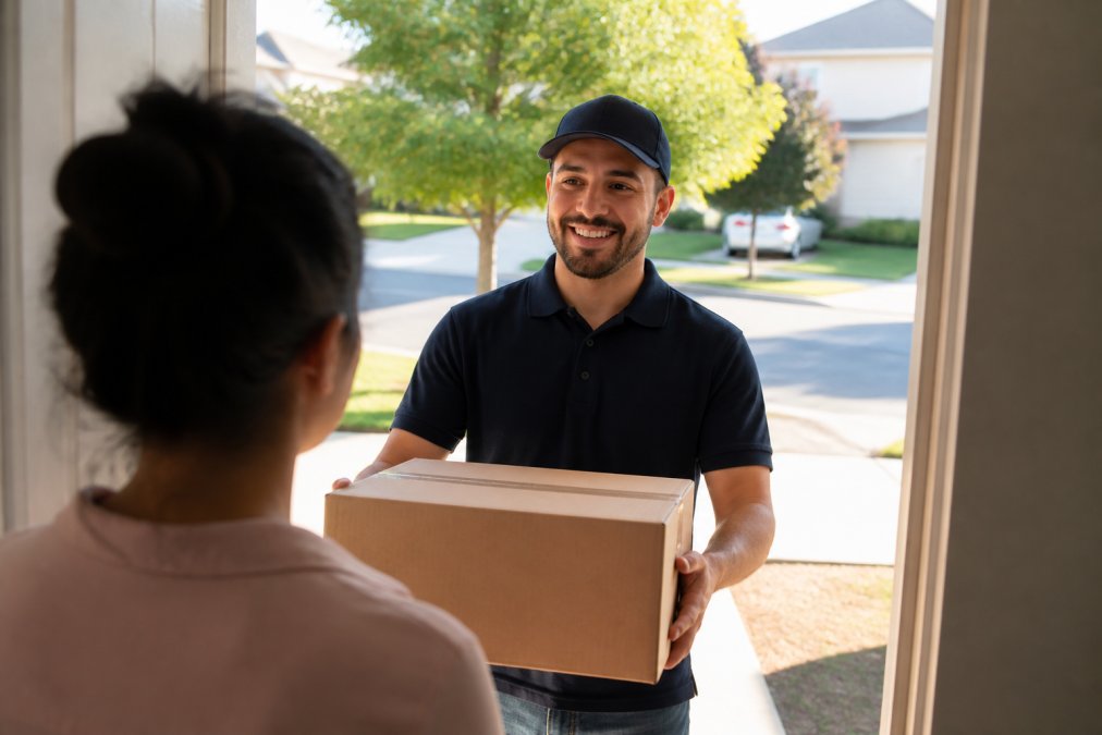 Delivery driver holding package at residential doorway, representing final step of delivery process, with afternoon sunlight and suburban street visible