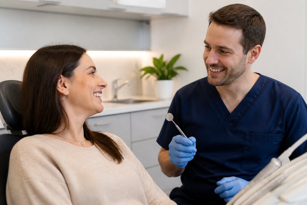 Dentist in gloves chatting with a smiling patient about oral hygiene in a bright, modern dental practice room.