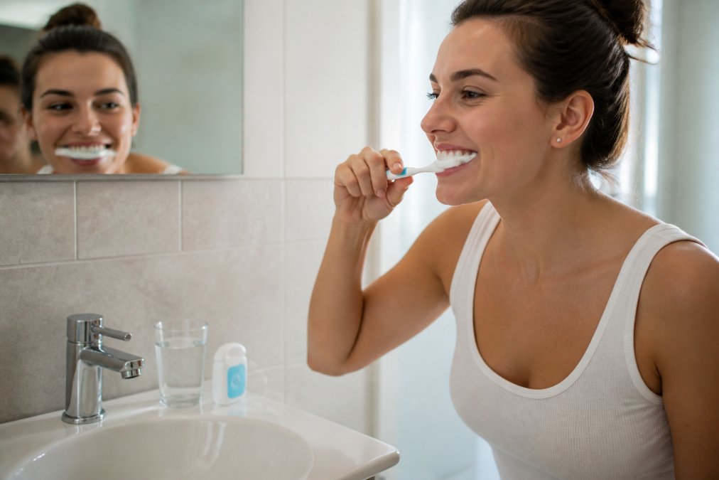 Person brushing their teeth in a bright bathroom to maintain good oral hygiene, with dental floss and water on the counter.