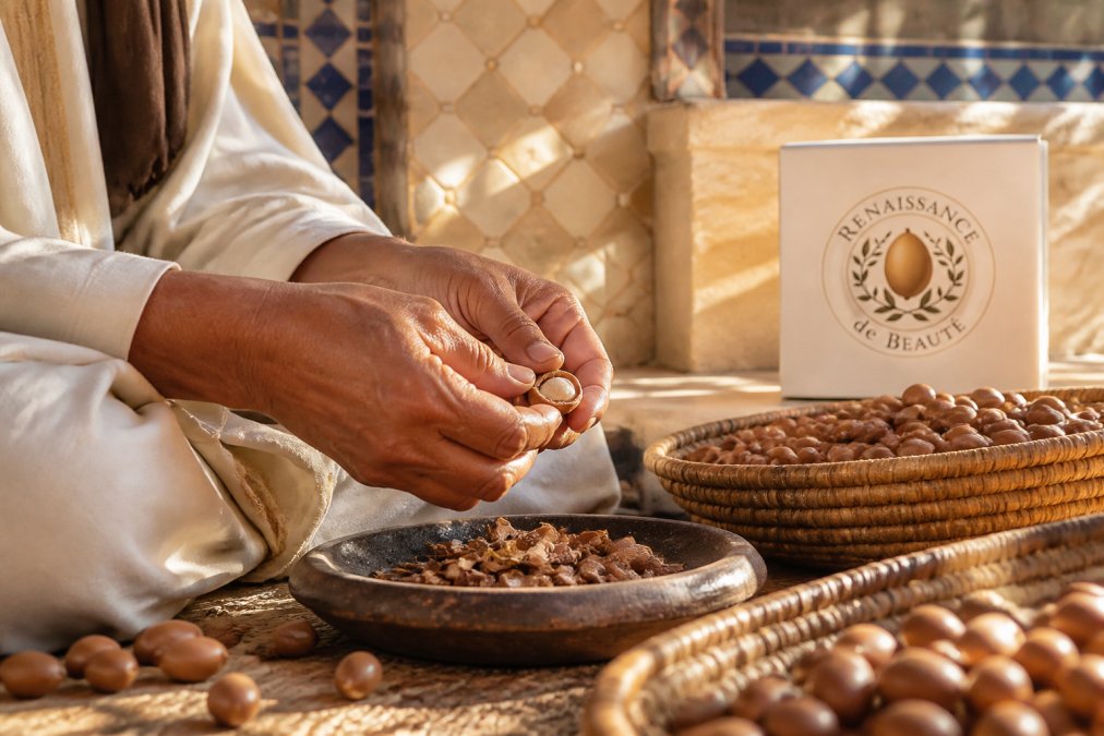 Hands carefully cracking open argan nuts in a traditional Moroccan setting with golden afternoon light filtering through, showing the meticulous manual labor required for kernel extraction