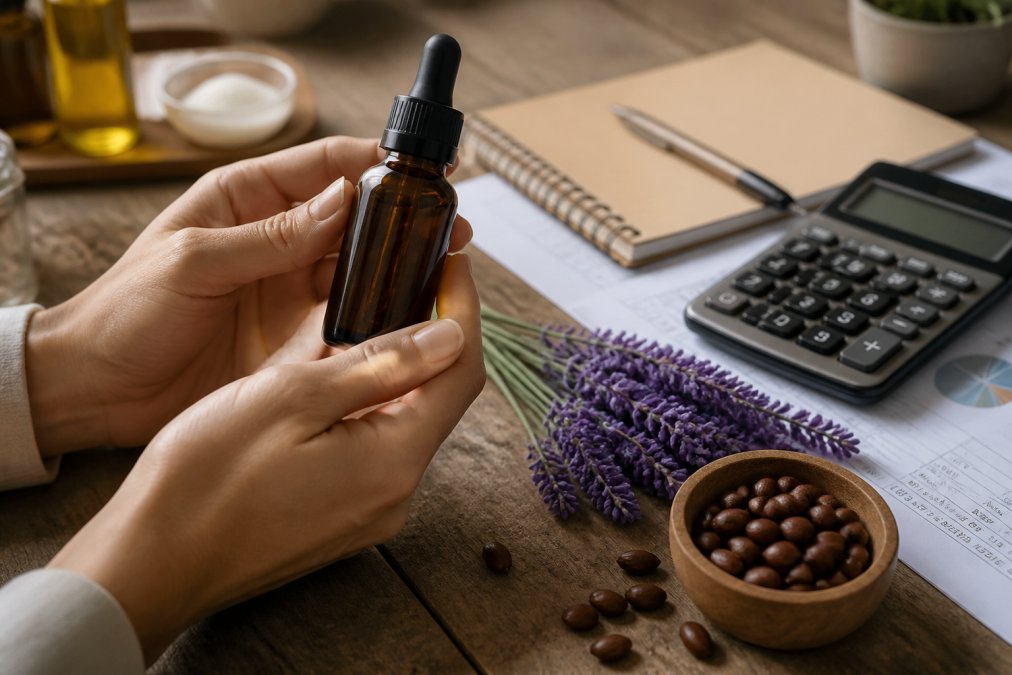 A close-up of a person's hands holding a small amber glass bottle of organic body oil next to fresh botanical ingredients like lavender sprigs and jojoba seeds on a wooden table