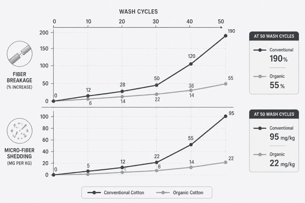 Line chart comparing micro-fiber shedding, showing how organic cotton lasts longer than conventional after 50 washes.