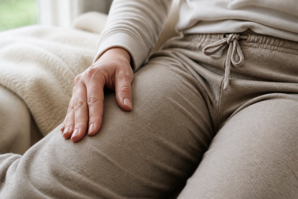 Close-up of a woman's hand gently rubbing the fabric of her organic cotton jogger pants, with a few small lint balls visible on the surface in natural light