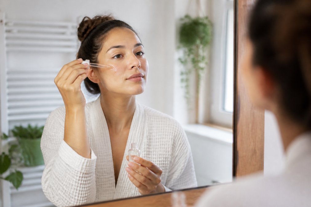 A woman with sensitive skin gently applying organic face serum in a bright bathroom, natural light, calm and nurturing atmosphere