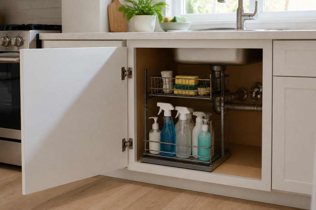 A bright modern kitchen with an open under-sink cabinet revealing a neat two-tier metal organizer holding spray bottles and sponges, natural daylight streaming through a nearby window