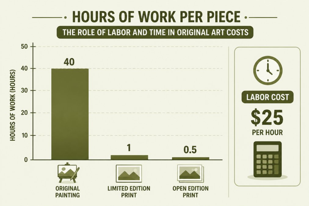 Bar chart comparing hours of work per piece: original painting 40 hours, limited edition print 1 hour, open edition print 0.5 hours, with labor cost annotated at $25 per hour