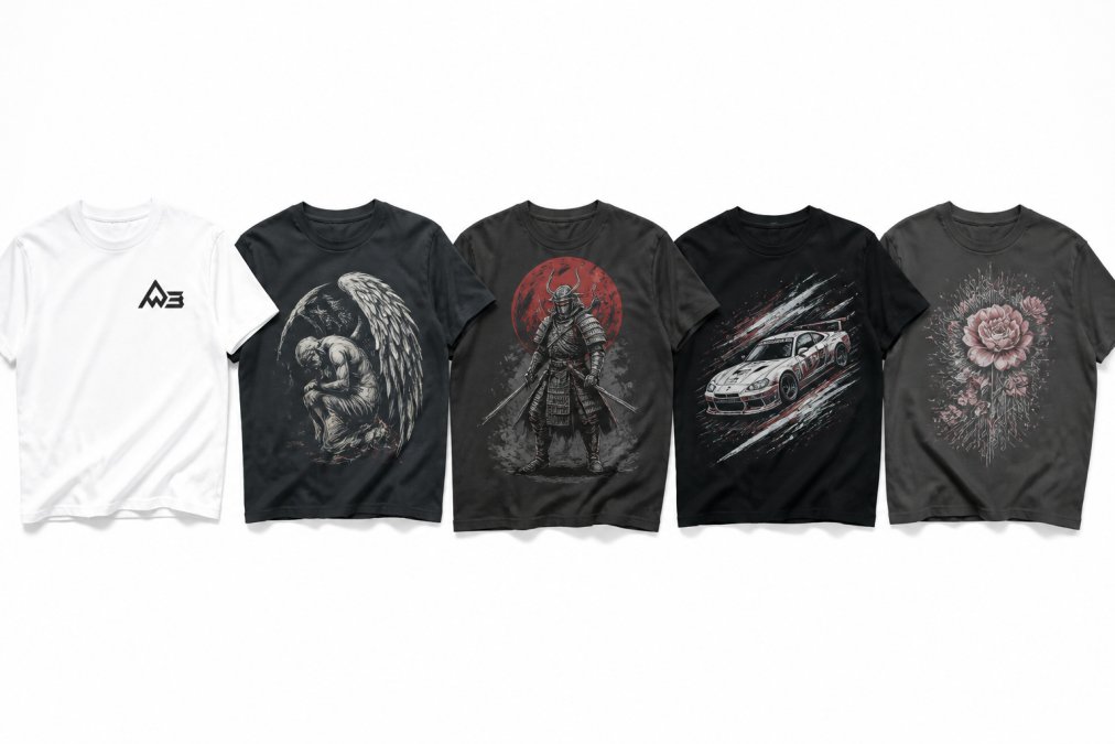 Flat lay of five unique heavyweight graphic tees with distinct original artwork, geometric emblem, fallen angel illustration, samurai design, racing graphic, and floral-tech fusion, displayed side by side on white background, emphasizing design variety, composition differences, and individual artistic direction