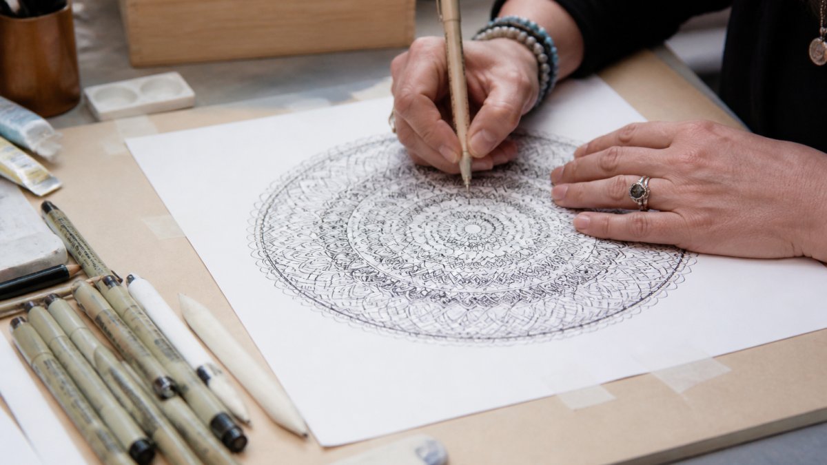 Artist's hands carefully drawing intricate mandala line work with precision tools, showing fine detail and concentrated focus on paper with archival materials
