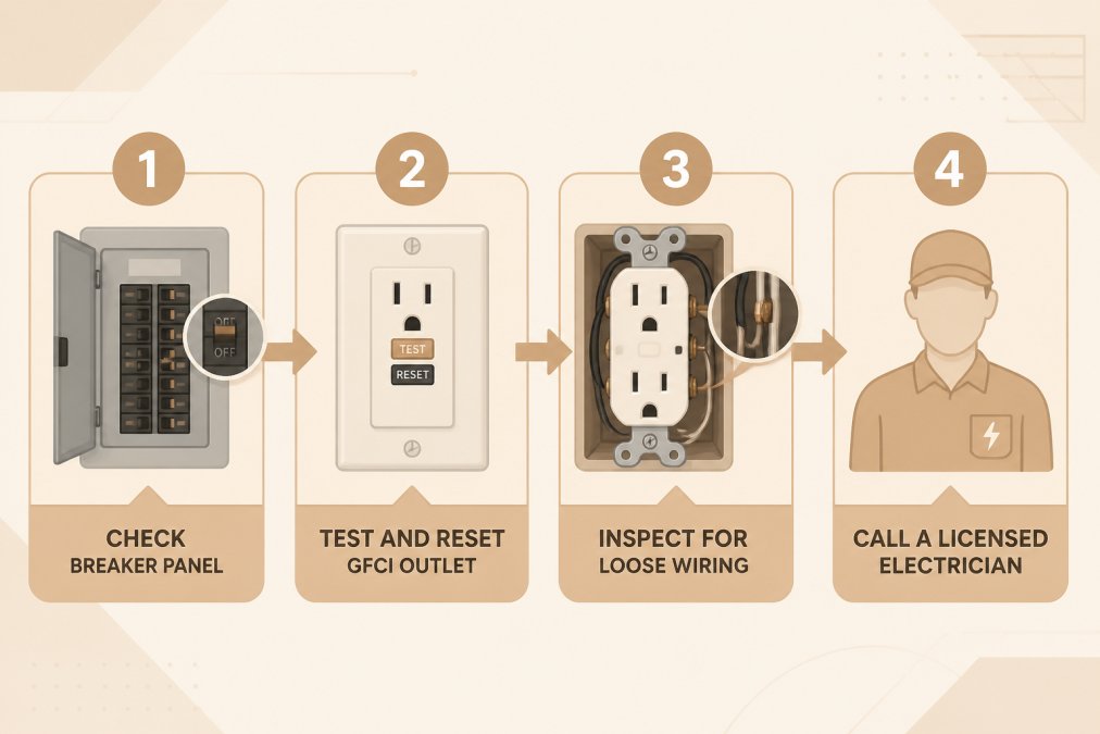 Flowchart showing outlet troubleshooting steps: Check breaker panel for tripped breaker -> Test and reset GFCI outlet -> Inspect for loose wiring connections -> Call a licensed electrician if power is still out
