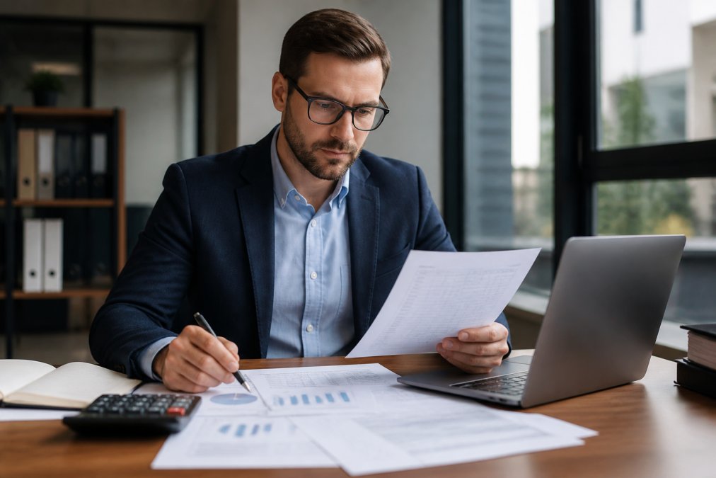 Professional business analyst reviewing financial documents and budget spreadsheets at desk with laptop, comparing costs and expenses in modern office setting with natural window lighting