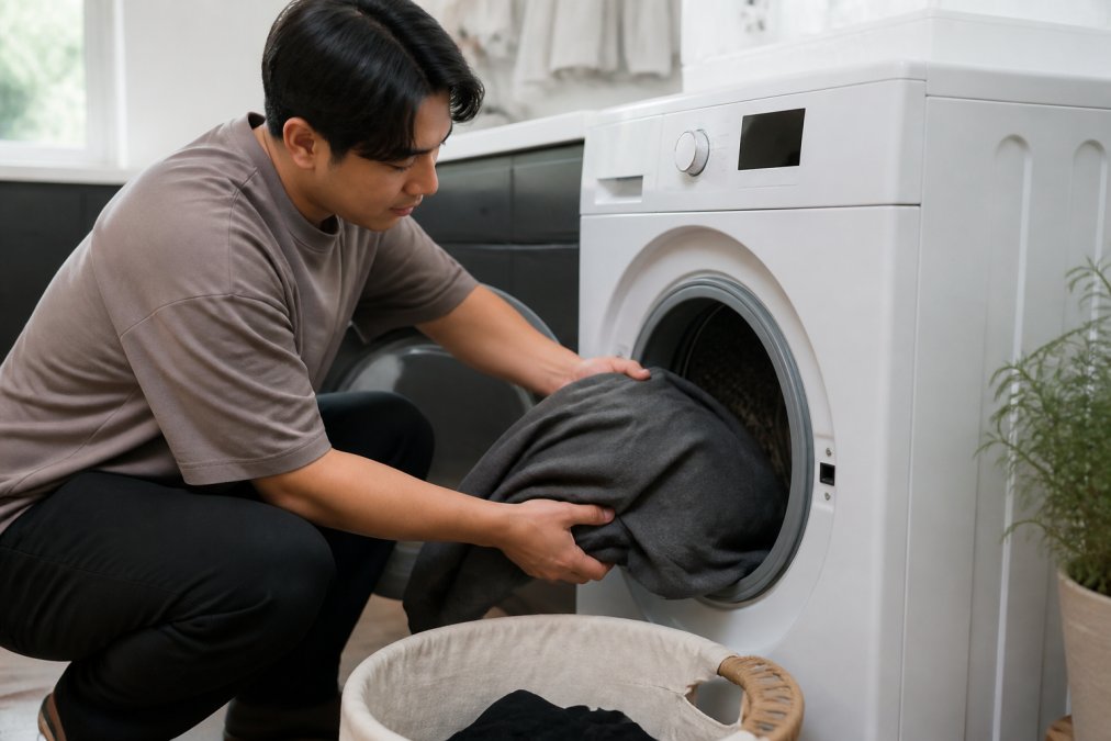 Professional demonstrating proper cold water washing technique for oversized t-shirt in modern laundry setting with natural lighting