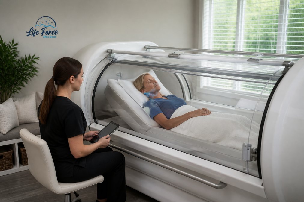 A patient relaxing inside a modern hyperbaric oxygen chamber in a bright, clean wellness clinic, with a technician monitoring the session on a tablet nearby