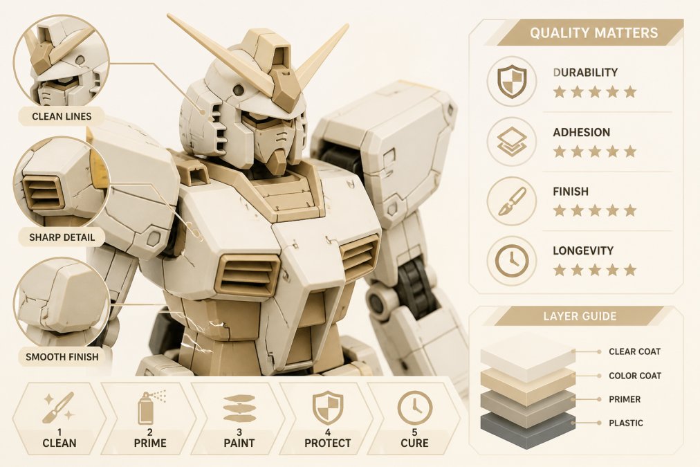 Close-up of a detailed Gundam model kit showing painted surfaces with sharp color definition and intact finish, demonstrating proper paint application and quality materials