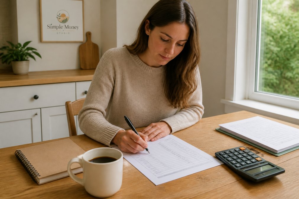 A person sitting at a wooden kitchen table with a pen in hand, writing on a printed budget worksheet next to a cup of coffee and a calculator
