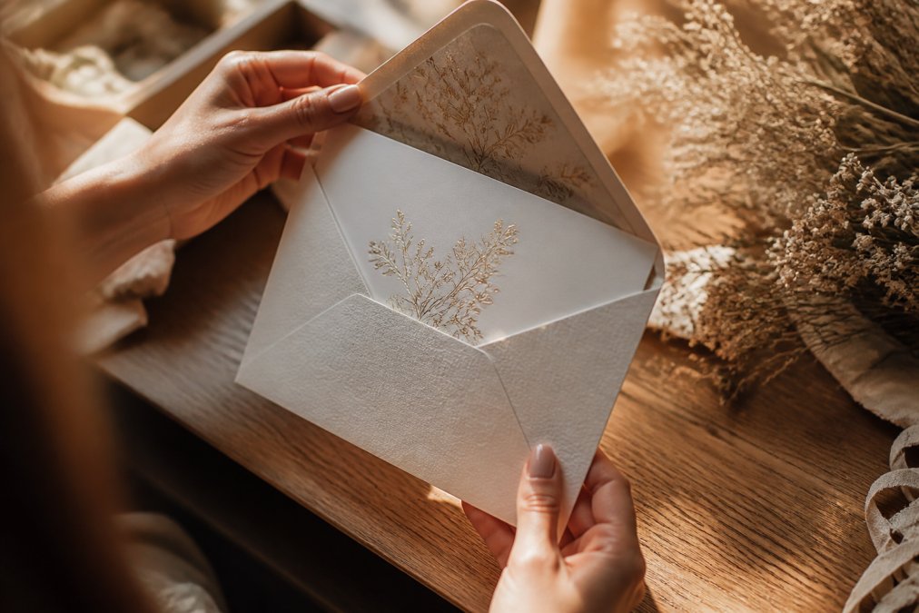 Step-by-step diagram showing the unboxing process for luxury paper invitations with foil-stamped details