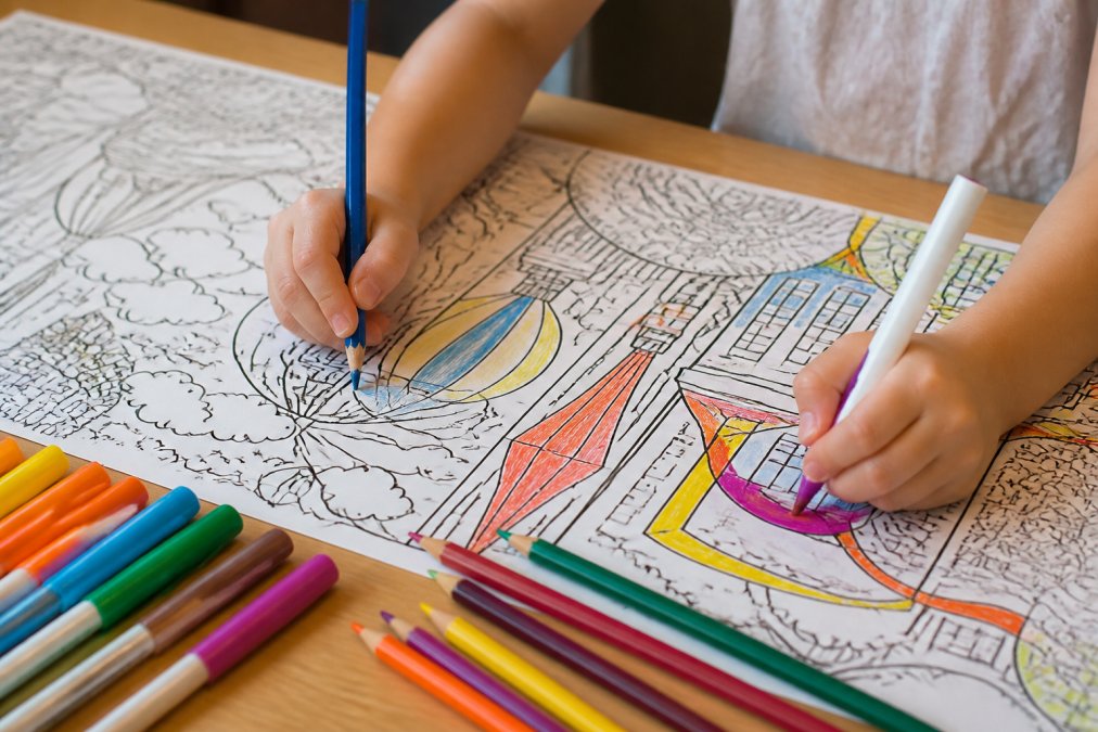 Close-up of a child's hands using colored pencils and alcohol-based markers on a large, flat giant coloring sheet, showing multiple media types in active use on quality paper with proper ink adhesion