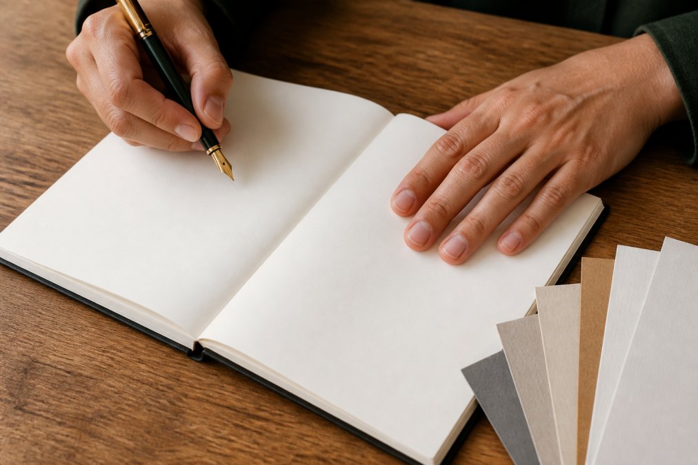 A close-up, top-down photograph of a person's hands writing with a fountain pen in an open journal, the page thick and smooth, with a small stack of paper samples at the edge of the frame