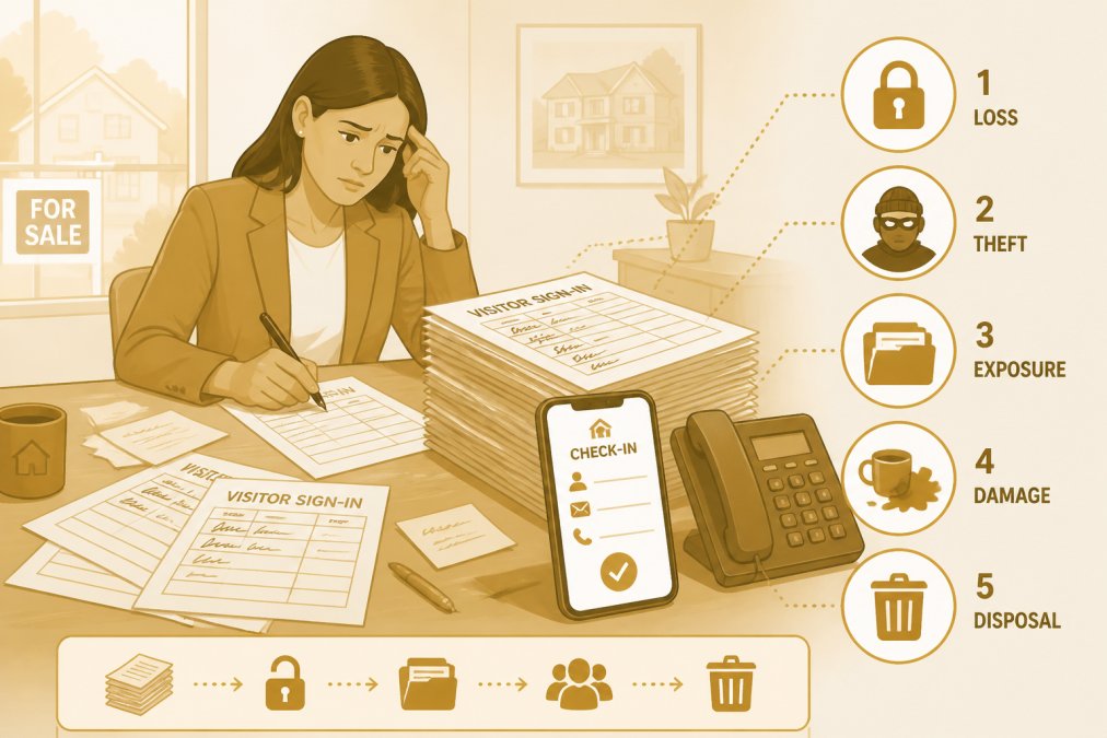 Real estate agent at desk with scattered paper documents, visitor sheets stacked near phone showing digital form on screen