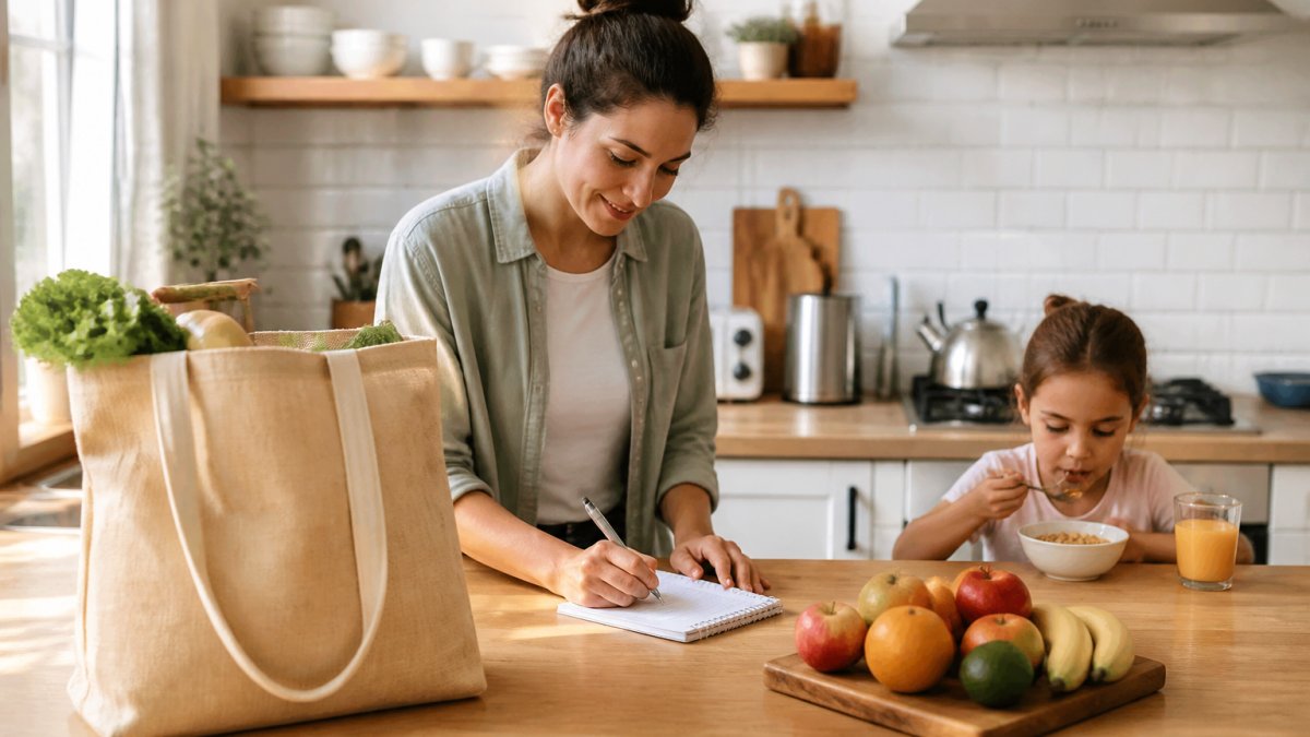 A parent in a bright kitchen writing a grocery list on a notepad while a young child eats breakfast nearby, a reusable shopping bag resting on the counter in morning light