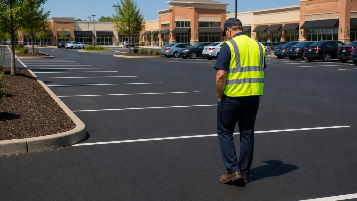 A commercial parking lot at a shopping center with freshly swept asphalt, clear white parking lines, and a property manager in a safety vest inspecting the surface on a sunny day