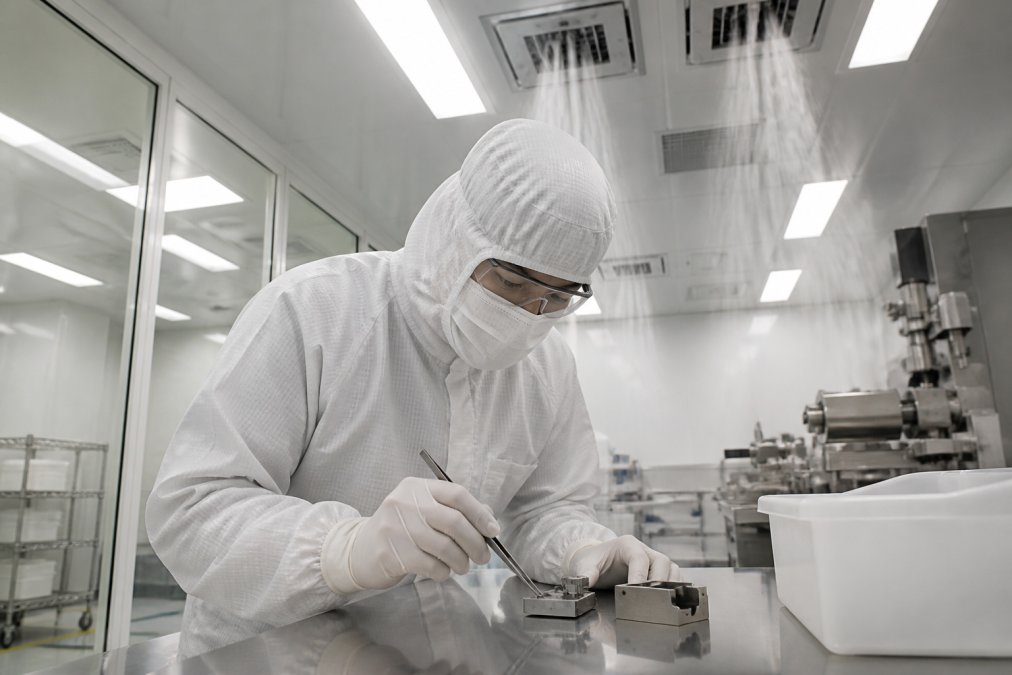 Cleanroom technician in full protective gowning including hood, sealed coveralls, and gloves performing precision work inside an ISO 7 cleanroom with visible laminar airflow from ceiling diffusers