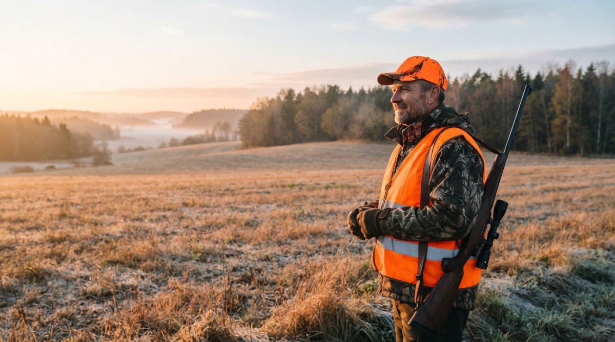 A hunter in a high-visibility orange vest and hat standing at the edge of a field at sunrise, rifle slung over shoulder, looking out over the landscape
