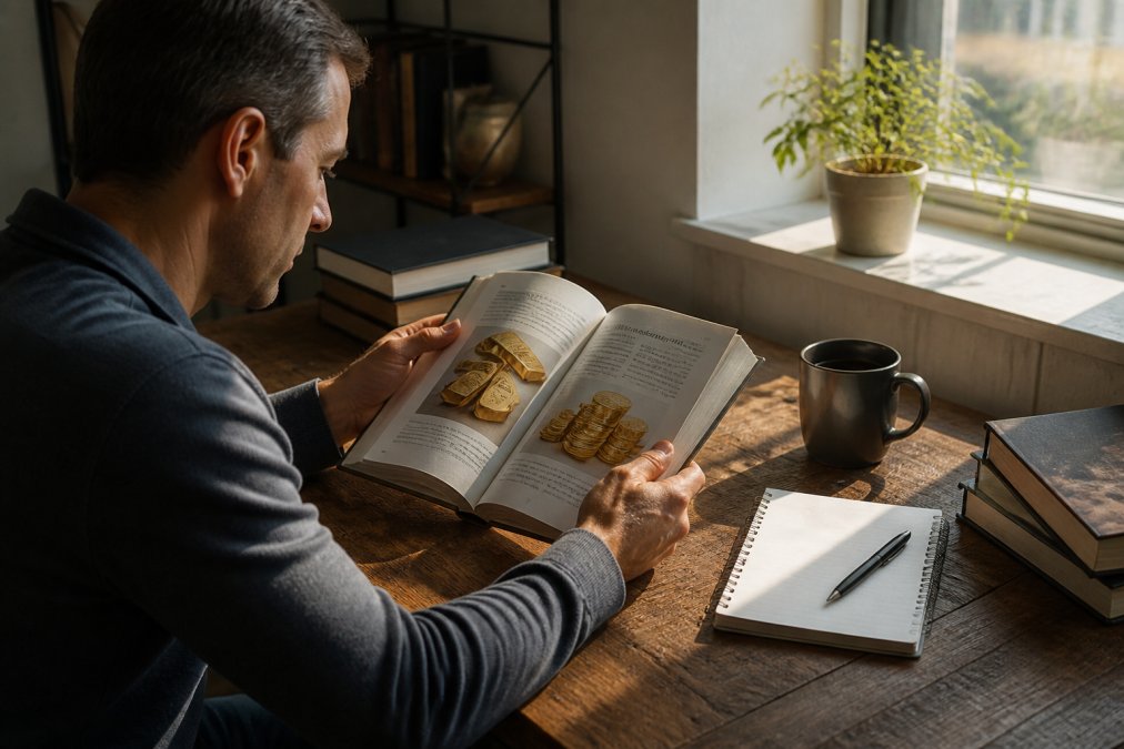 Person reading a gold investment book at a wooden desk with laptop, notebook, and coffee cup nearby, natural window lighting streaming across the page