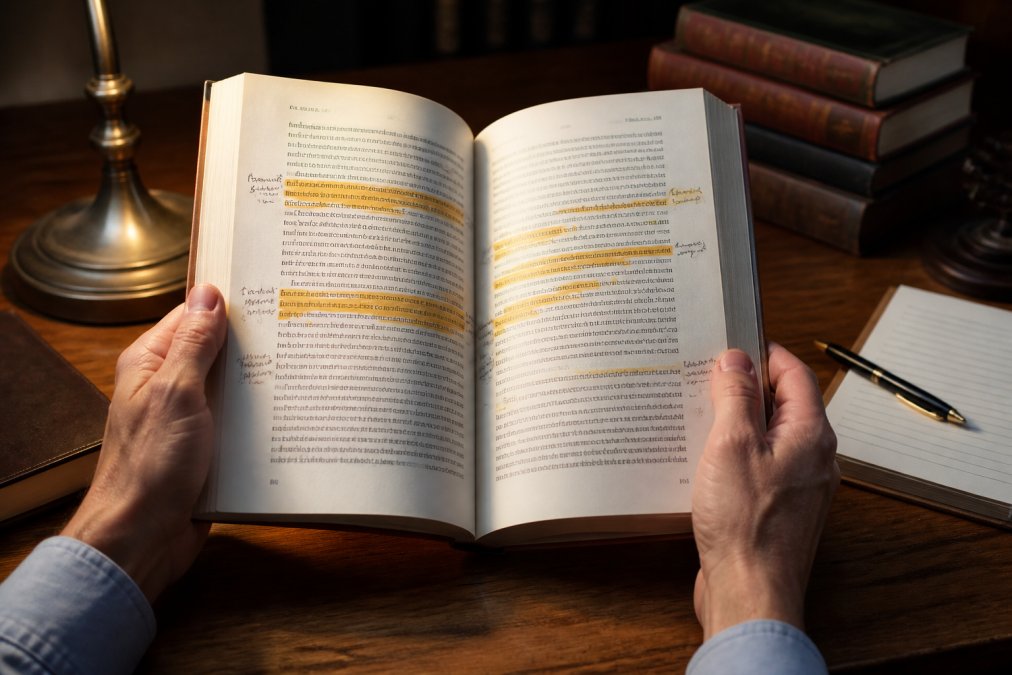 Close-up of hands holding an open gold investment book with highlighted passages and margin notes visible, wooden desk background with reading lamp