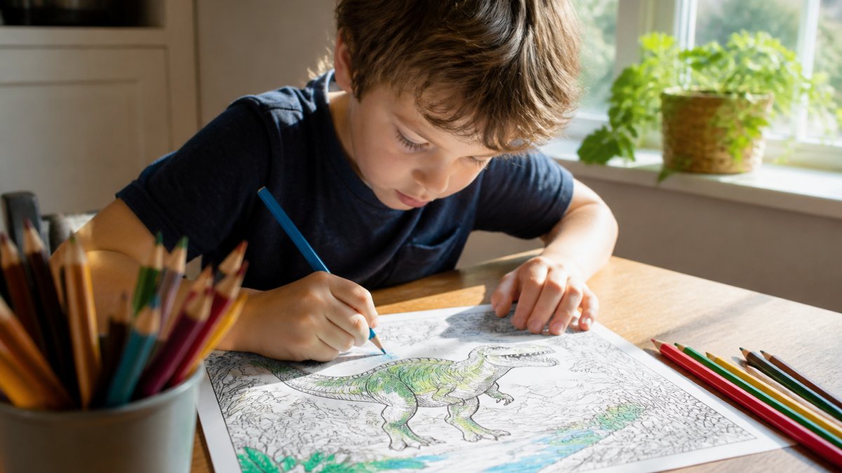 Young child seated at a wooden table concentrating intently while colouring a detailed dinosaur design with coloured pencils, natural daylight streaming through a window illuminating the page and the child's focused expression