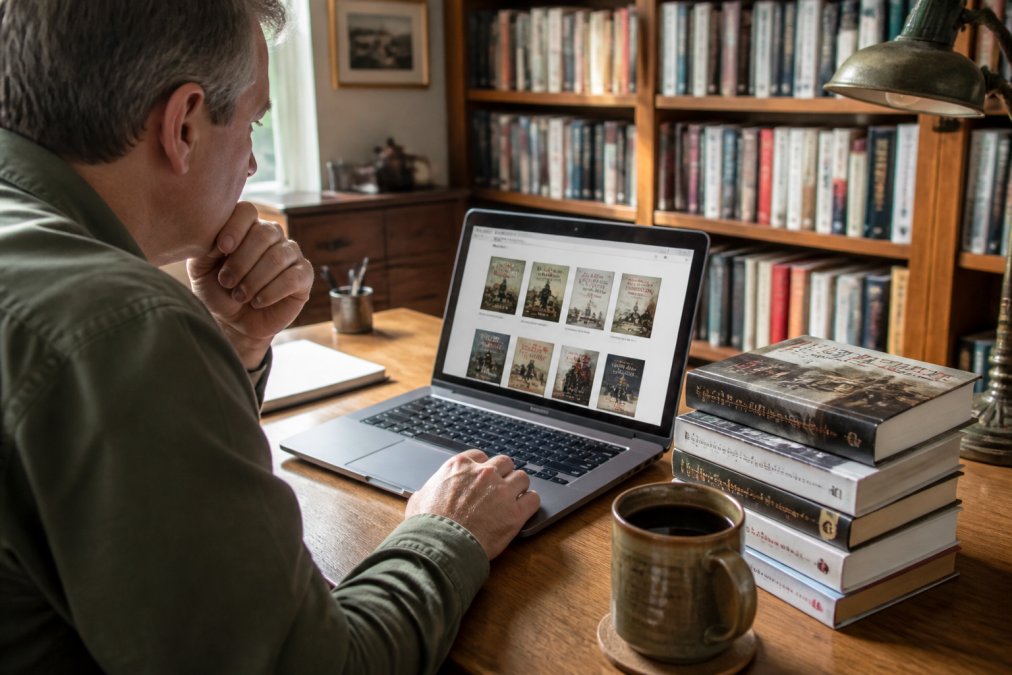 A person sitting at a wooden desk in a cozy home library, browsing a book website on a laptop, with a stack of hardcover military history books and a cup of coffee nearby