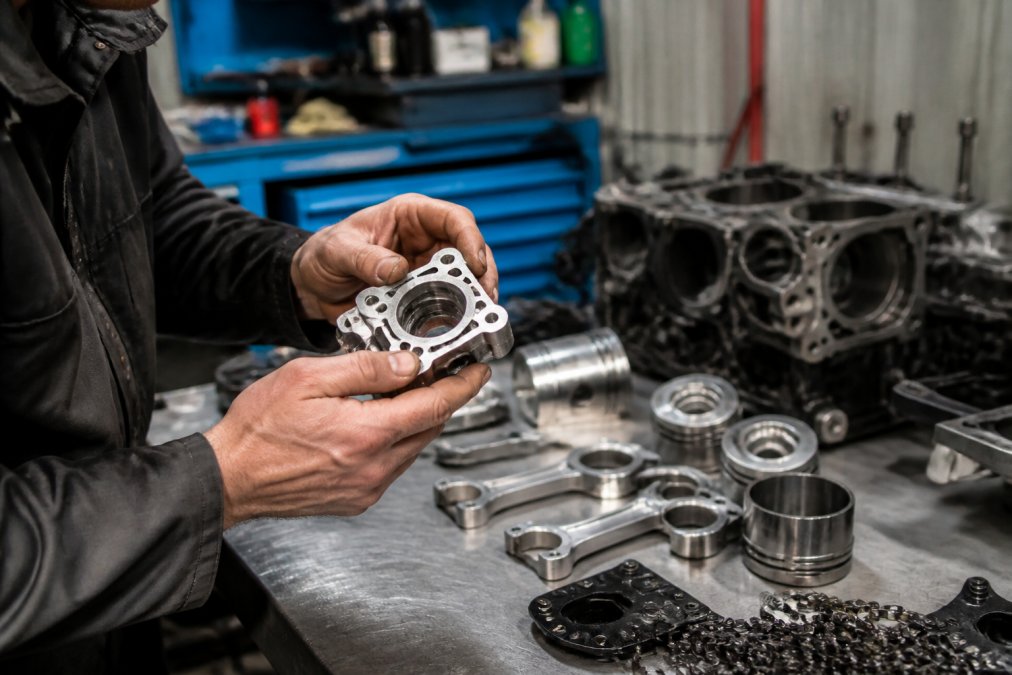 Mechanic's hands inspecting an engine component under bright workshop lighting, examining precision manufacturing details, quality markings, and material composition on a replacement part