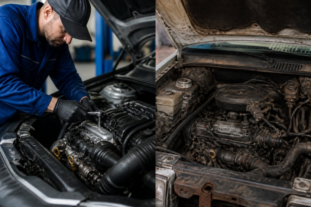Experienced mechanic working on a vehicle engine in a professional workshop, hands performing precise repair work with quality tools and diagnostic equipment visible