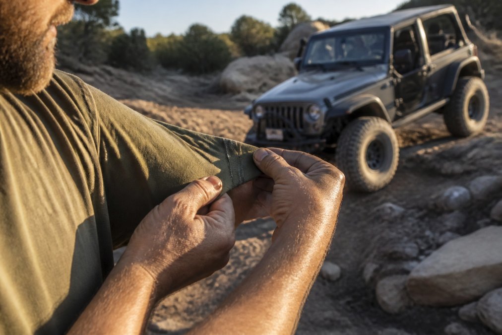 Close-up of a rugged trail rider's hands inspecting heavy-duty flatlock stitching and fabric texture on a premium heavyweight t-shirt sleeve, late afternoon sunlight highlighting the weave