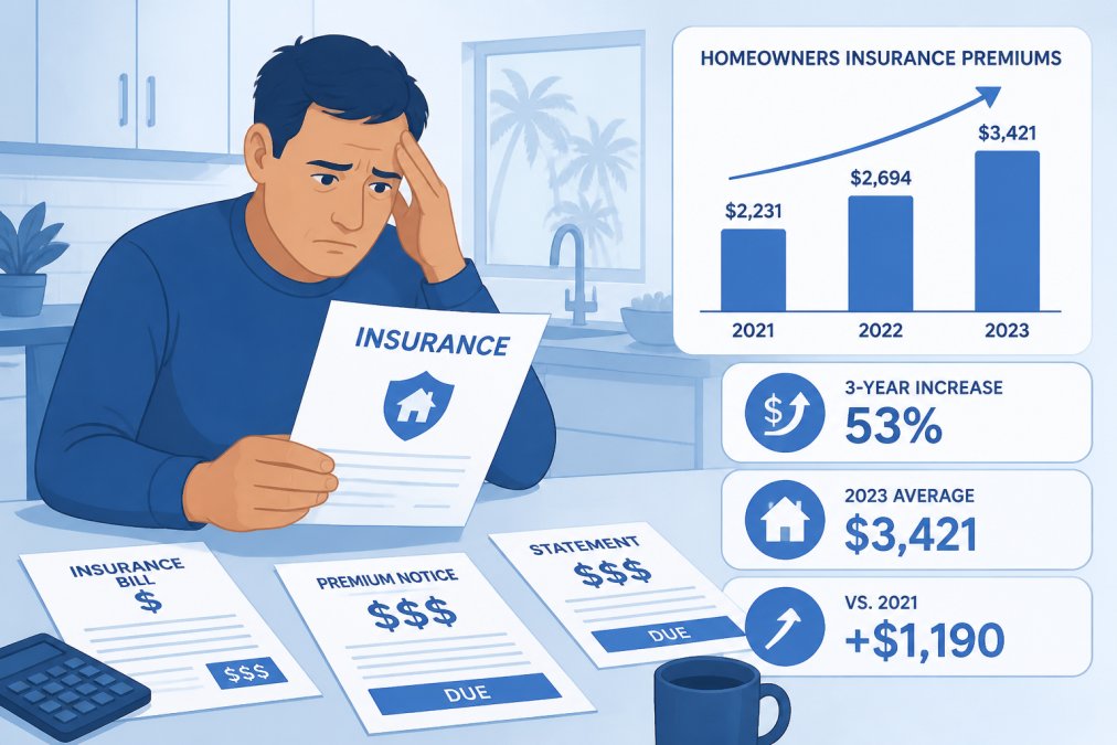 Why People Are Moving Out of Boca Raton 1 Close-up of a homeowner reviewing insurance documents with a concerned expression at a kitchen table, with bills and statements spread across the surface