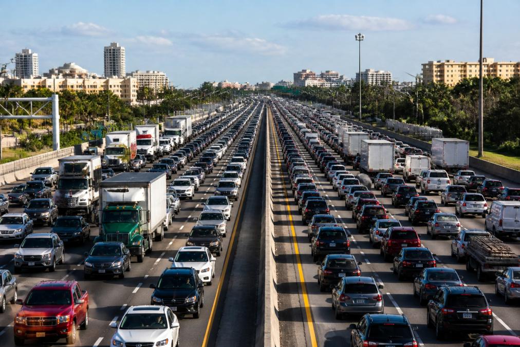 Why People Are Moving Out of Boca Raton 2 Heavy traffic congestion on a multi-lane highway during rush hour, with bumper-to-bumper cars and commercial trucks stretching into the distance under bright afternoon sunlight