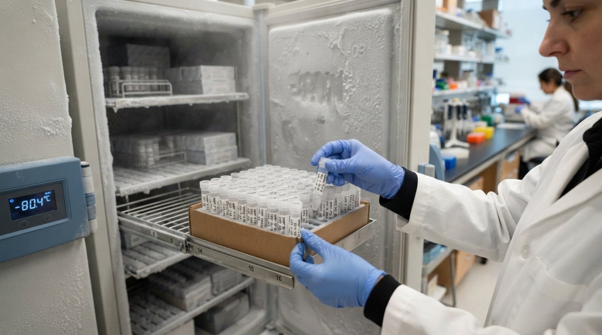 Researcher's gloved hands carefully placing labeled peptide vials into a -80°C ultra-low freezer with frost-covered shelves and temperature display visible