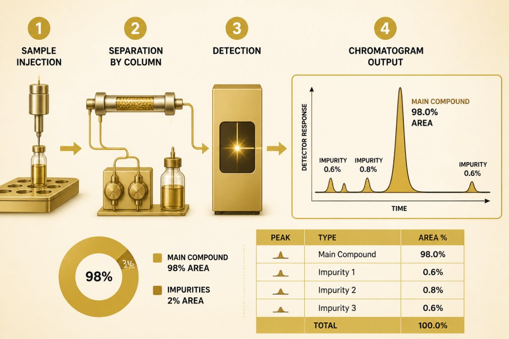 Why Peptide Purity Matters for Experiments Flowchart showing HPLC analysis process: sample injection → separation by column → detection → chromatogram output with labeled peaks showing main compound peak at 98% area and impurity peaks totaling 2% area