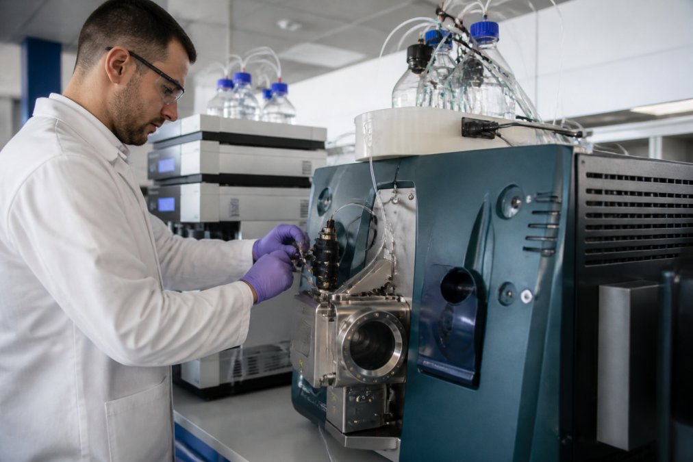 Professional researcher in white lab coat examining analytical laboratory equipment and samples in a modern research facility with bright overhead lighting and precision instruments on the bench