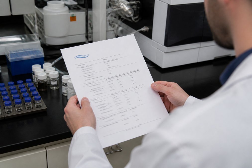 Researcher's hands holding a printed Certificate of Analysis document while reviewing it at a laboratory bench with analytical equipment and sample vials visible in the background
