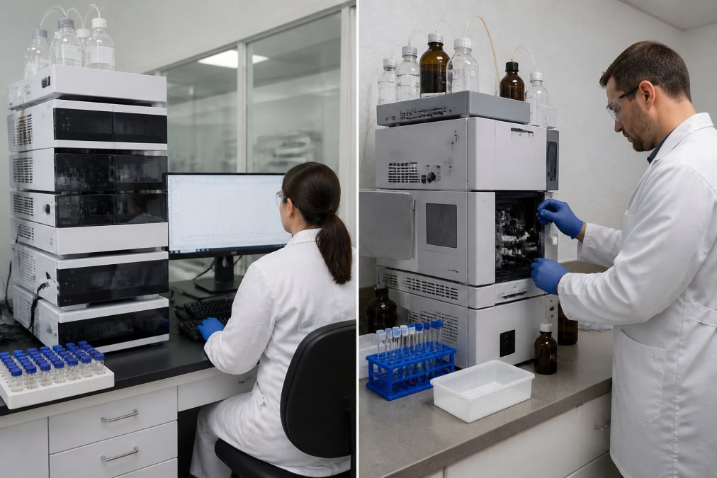 Laboratory technician operating a high-performance liquid chromatography (HPLC) instrument with sample vials and data displays visible on the computer screen