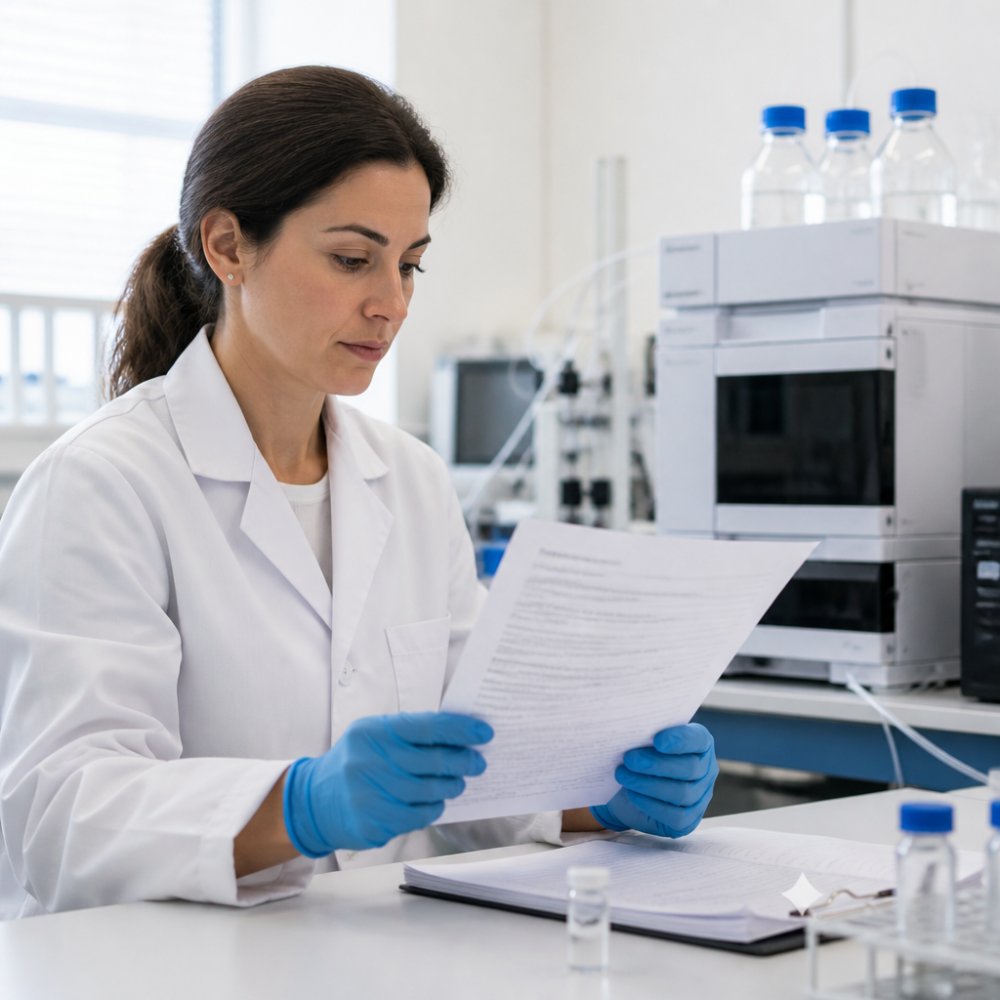 A laboratory scientist in a white coat reviewing a printed Certificate of Analysis document at a clean lab bench with analytical instruments in the background