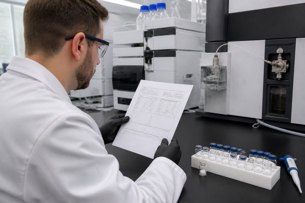 Researcher reviewing a Certificate of Analysis to verify peptide purity in a laboratory setting