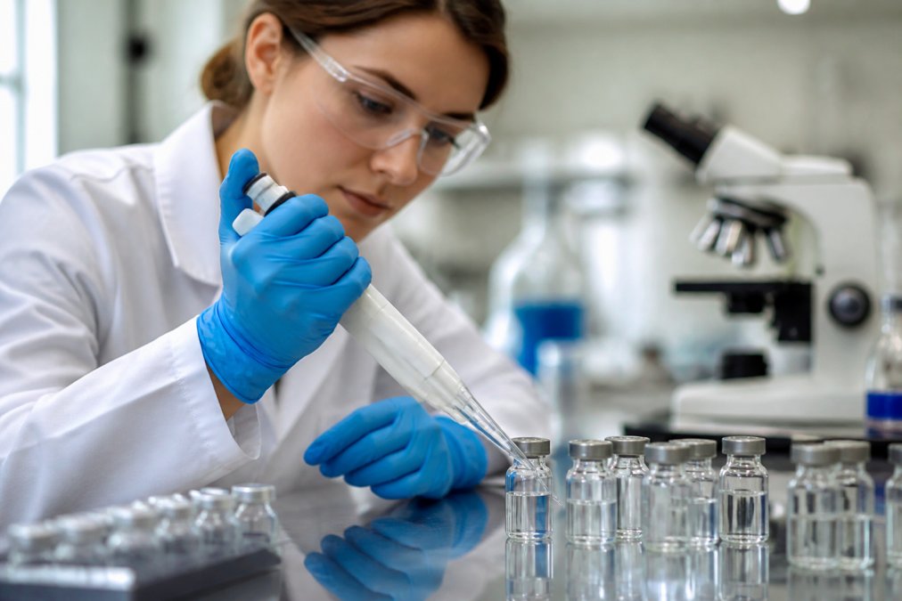 A scientist in a modern laboratory carefully pipetting a clear solution into a sample vial, with an array of other vials and a microscope softly blurred in the background