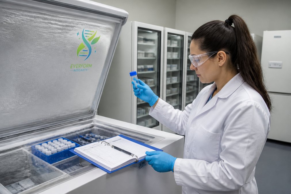 Researcher in laboratory coat carefully handling a lyophilised peptide vial in a freezer with temperature-controlled storage units visible in the background, examining stability records