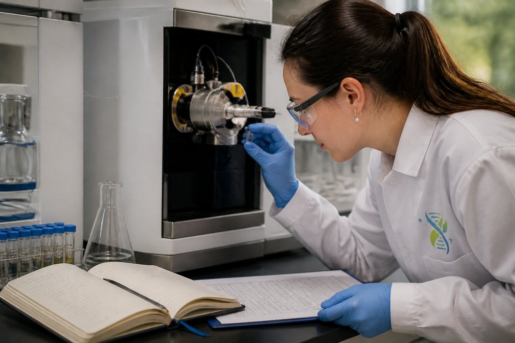 Close-up of a researcher examining a peptide sample under an analytical instrument with laboratory notebooks and quality control documentation nearby, reviewing degradation assessment data
