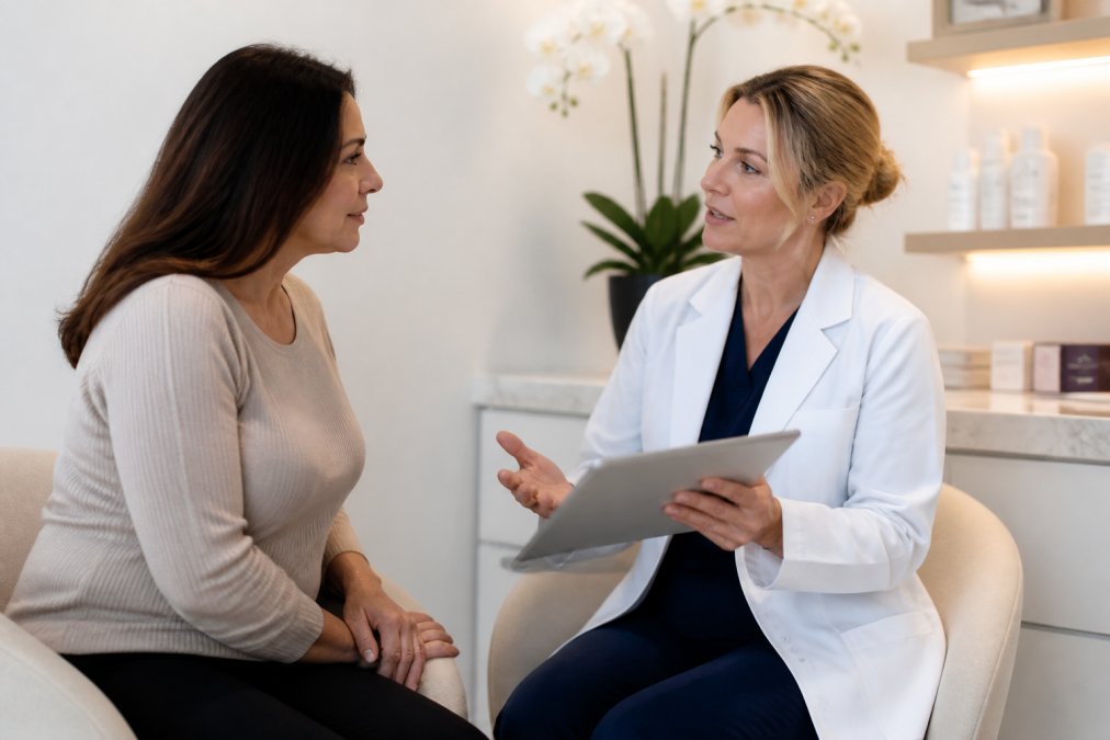 Healthcare professional in modern clinic consulting with middle-aged woman in bright office setting, reviewing wellness goals and discussing personalized treatment approach with tablet in hand