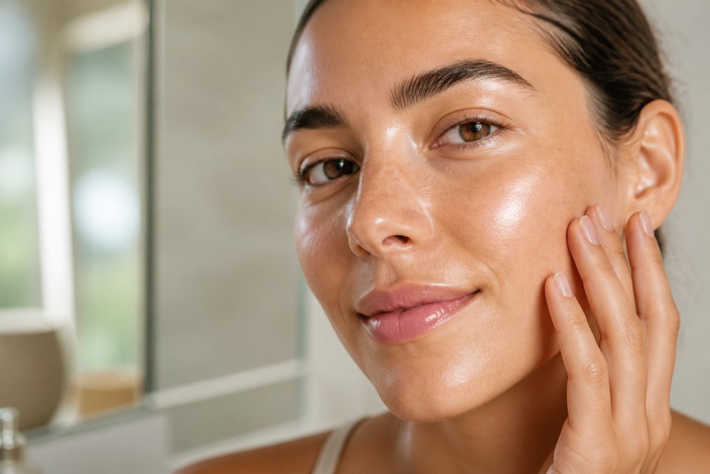Close-up of healthy, luminous skin texture with soft natural lighting highlighting skin clarity, firmness and radiance