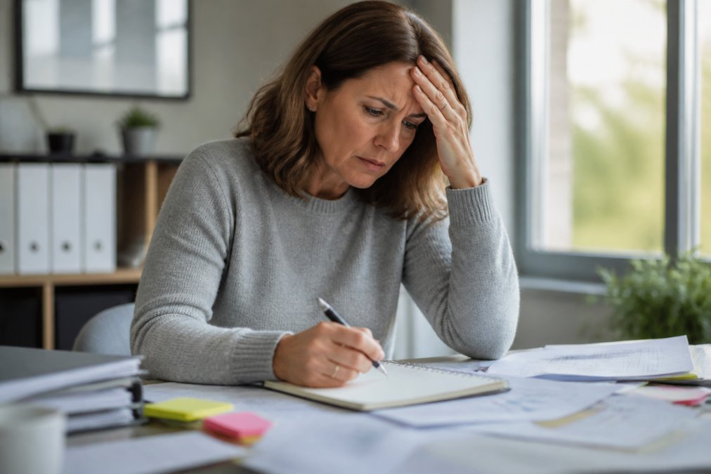 Woman sitting at desk with hand to forehead, looking concentrated while working on laptop surrounded by papers and notes in bright office lighting