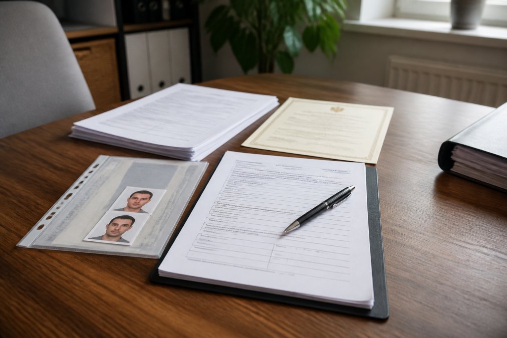 Completed application forms, DBS certificate, and passport photos laid out neatly on an office desk